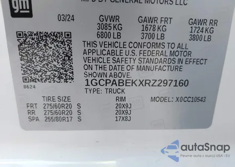 2024 Chevrolet Silverado 1500 2Wd Short Bed Custom z USA, uszkodzony, nr VIN 1GCPABEKXRZ297160